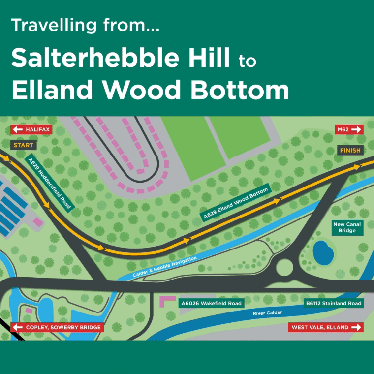 View of the area with arrow linking Halifax to Elland Wood Bottom along the A629.